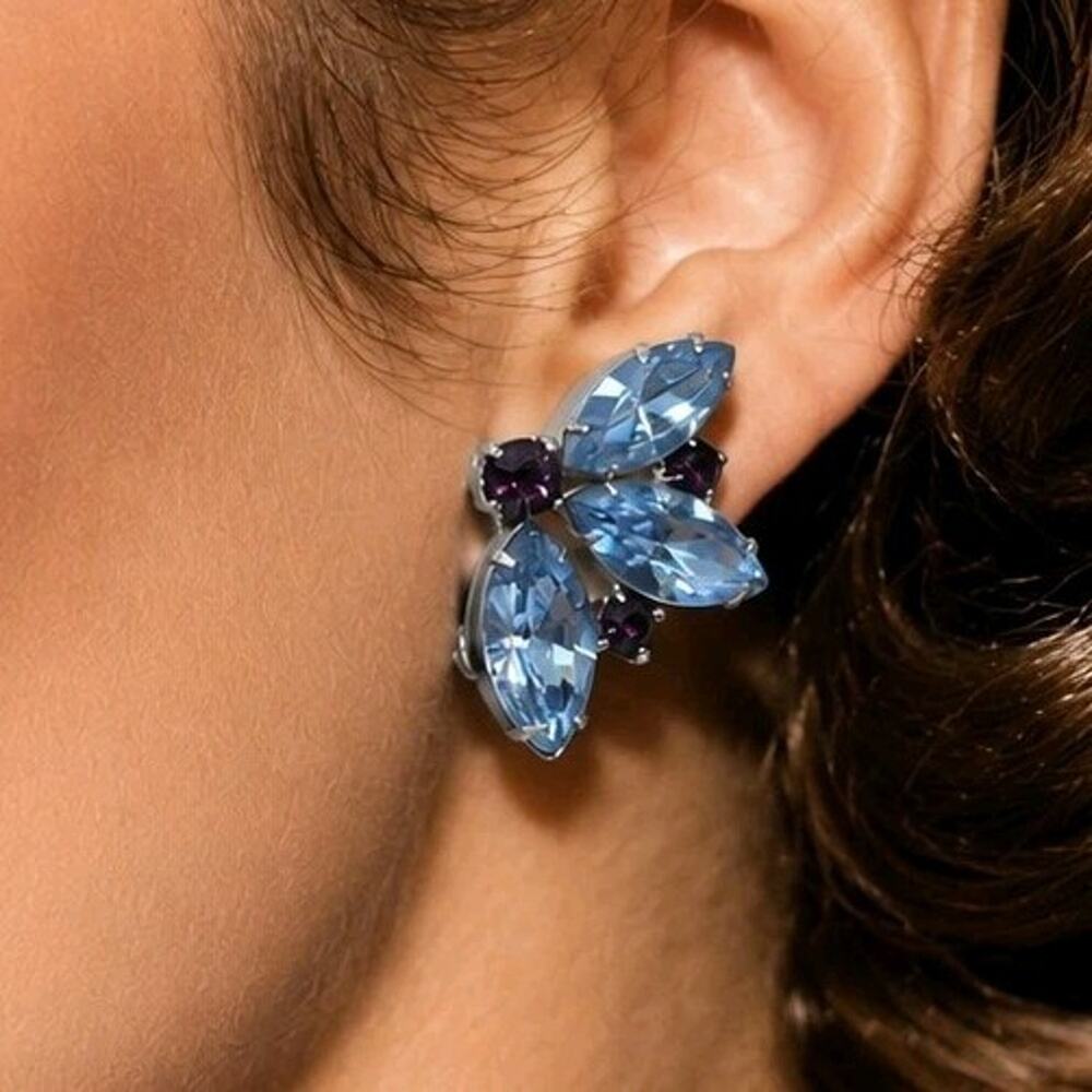 Vintage Blue & Purple Rhinestone Marquise Cluster Clip On Earrings Silver Tone